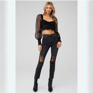 NWOT For Love and Lemons Gabrielle Sheer Sleeve Ribbon Tie Crop Top Size XS